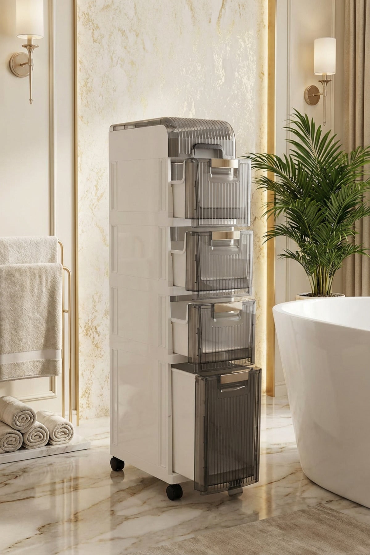 Tekerlekli 4 Çekmeceli Dekoratif Dolap Beyaz, 21 cm × 36.5 cm × 113 cm