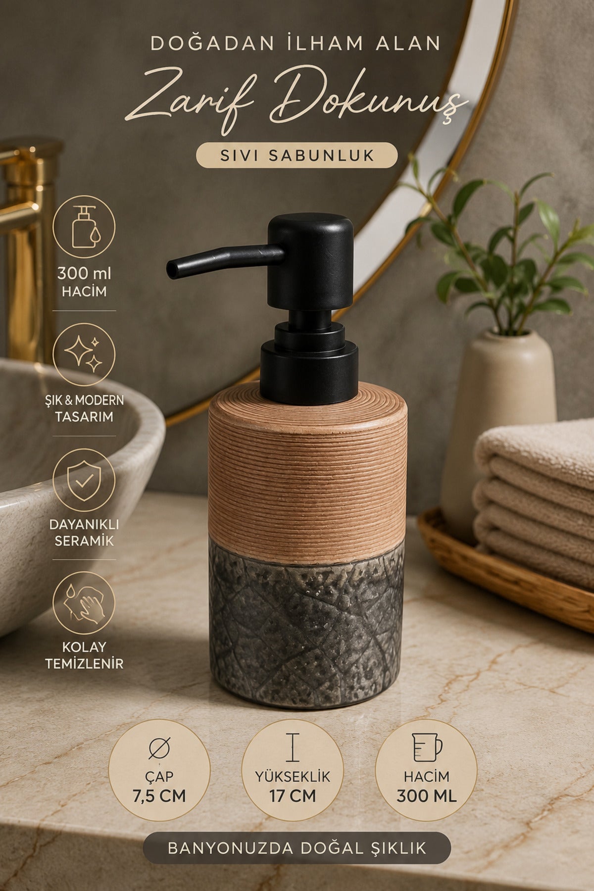 300 ml Seramik Lenora Sıvı Sabunluk, 7 cm çap, 18 cm yükseklik