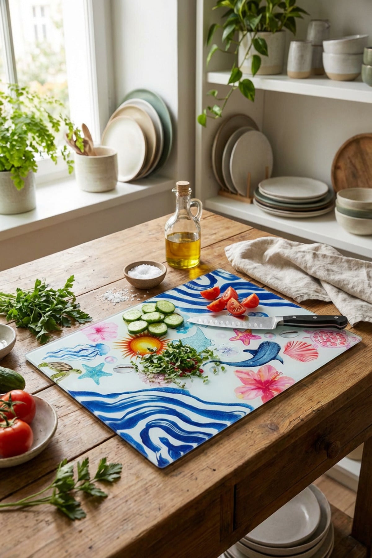 Cam Kesme Tahtası Kırılmaz Temperli 25x35 cm Akdeniz Desenli Cam Kaymaz - Görsel 2