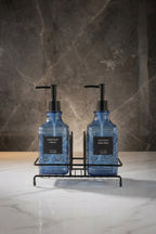 Modern Kabartma Desenli Cam Ikili Sıvı Sabunluk & Deterjanlık Seti, Mavi - 500 Ml Cam Sabunluk