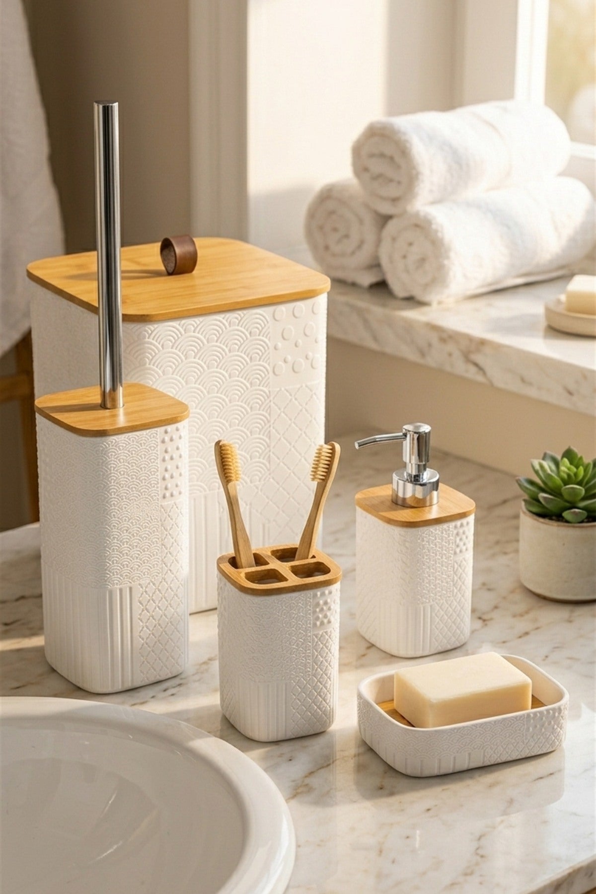 Bambu Detaylı 5 Parça Beyaz Banyo Seti, 21 x 19 x 25 cm