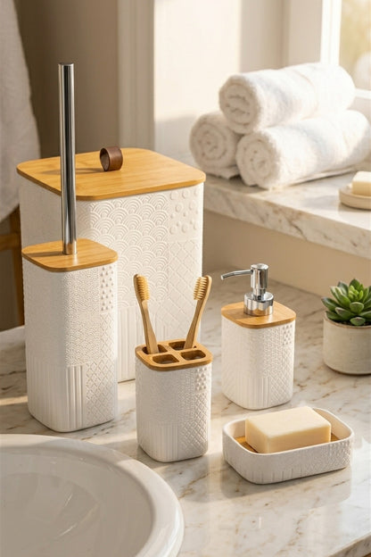 Bambu Detaylı 5 Parça Beyaz Banyo Seti, 21 x 19 x 25 cm
