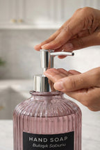 Pembe 2'li Cam Sabunluk/Deterjanlık, 500 ml, Gümüş Renk Metal Stantlı, 21,5x9x23 cm - görsel 3