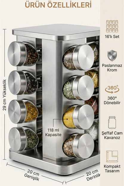 16'lı 360° Döner Baharatlık Seti Krom Kare Stantlı 118 ml Cam Kavanoz –29x20 cm