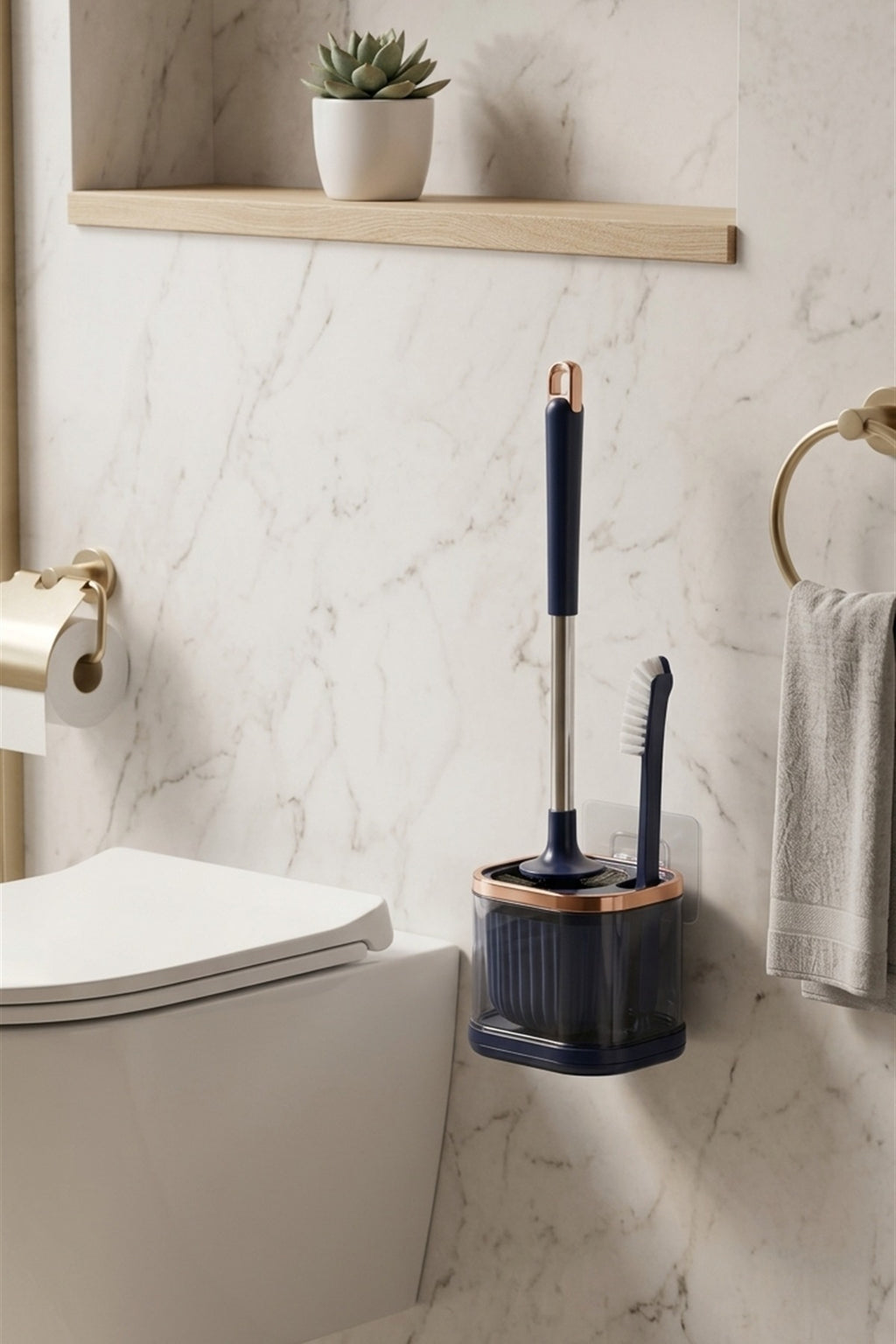 WC Fırçası ve Temizlik Fırçası Seti, Mavi, Duvara Monte Edilebilir, 45 cm