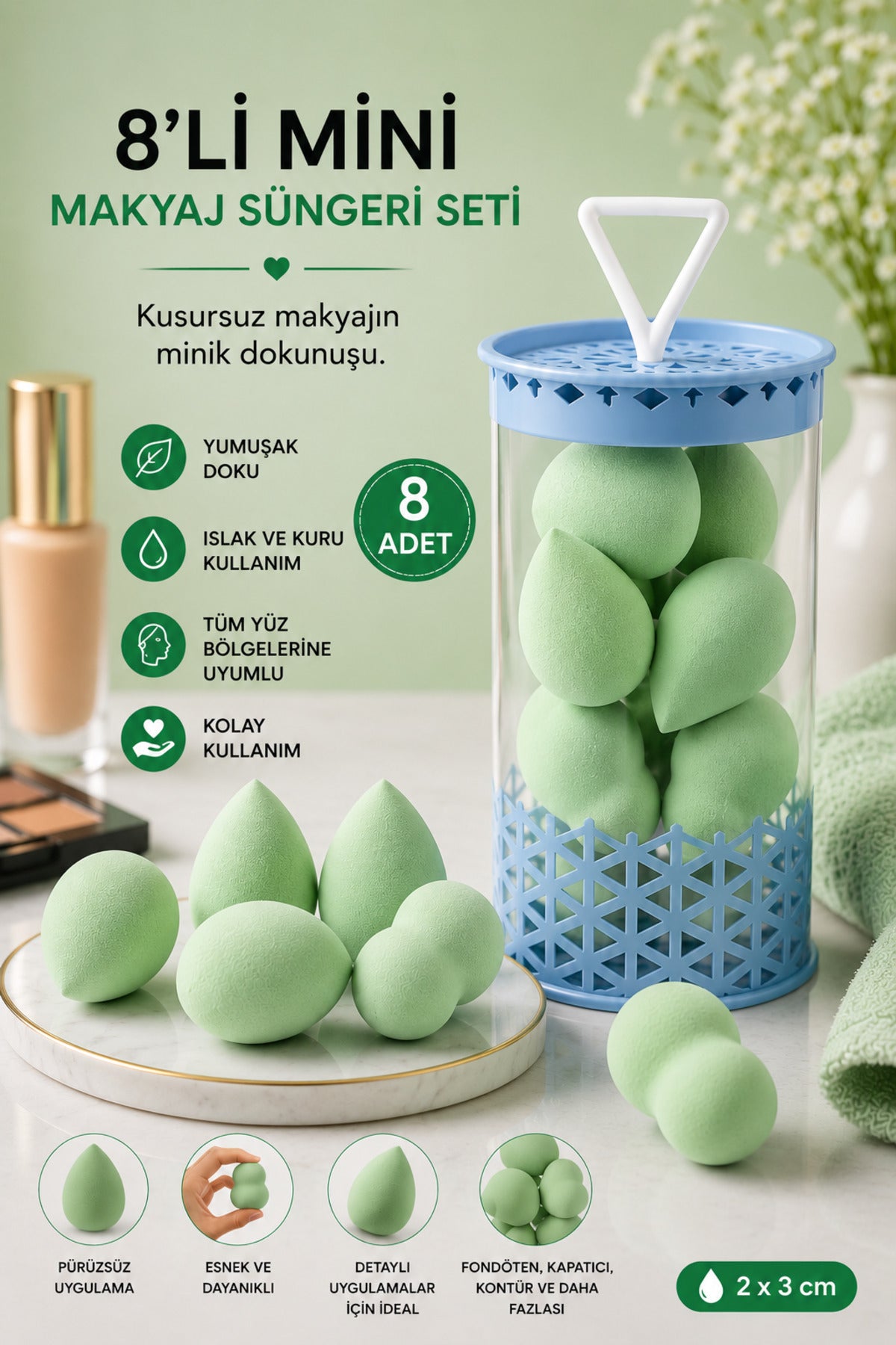 Mini Boy 8'li Yeşil Makyaj Süngeri Seti- 2 cm x 3 cm Makyaj Uygulama Süngeri - görsel 2