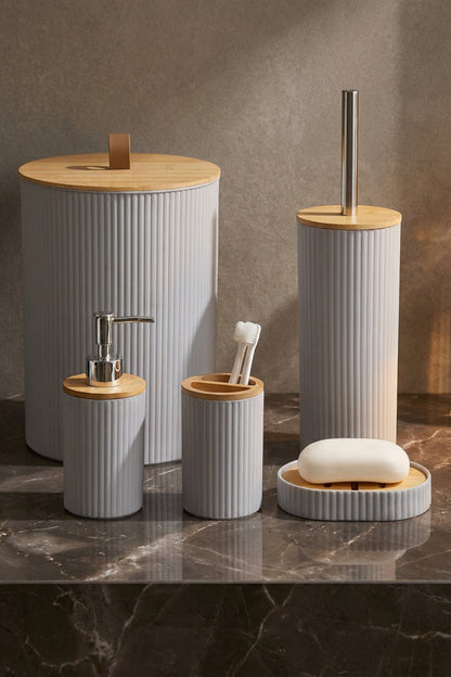5 Parça Yuvarlak Banyo Seti, Bambu Kapaklı, Hacim: 7 litre
