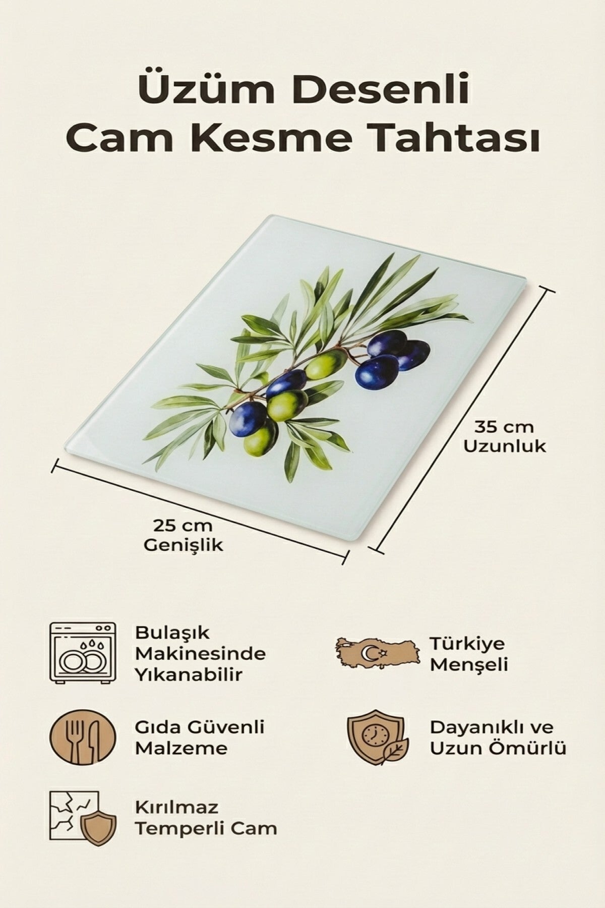 Cam Kesme Tahtası Kırılmaz Temperli 25x35 cm Üzüm Desenli Kaymaz - Görsel 2