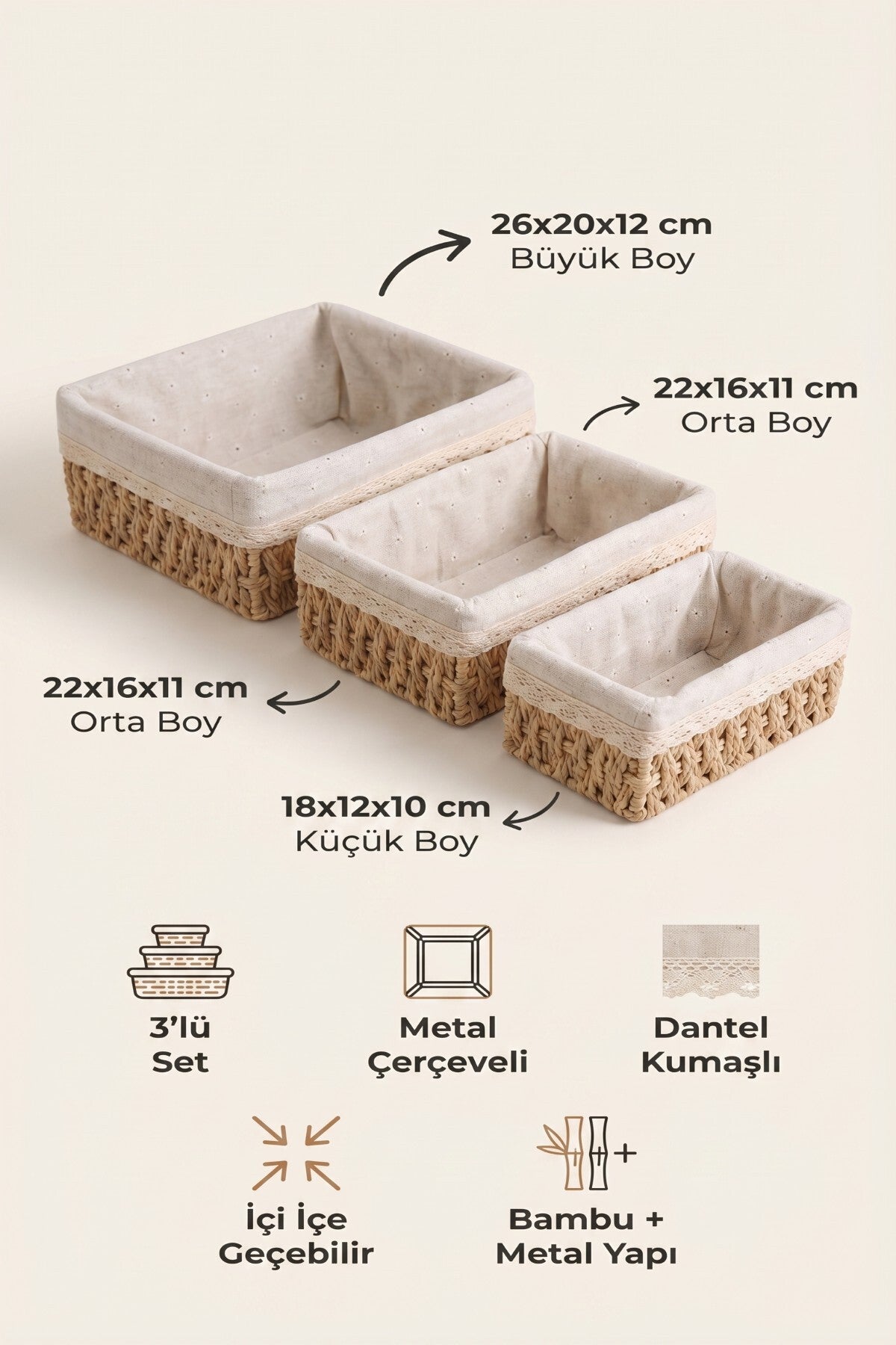 3’lü Bambu Ekmek Sepeti Seti, 26x20x12 cm, Metal Çerçeveli Dantelli Çiçek Desenli Kumaşlı Organizer - görsel 2