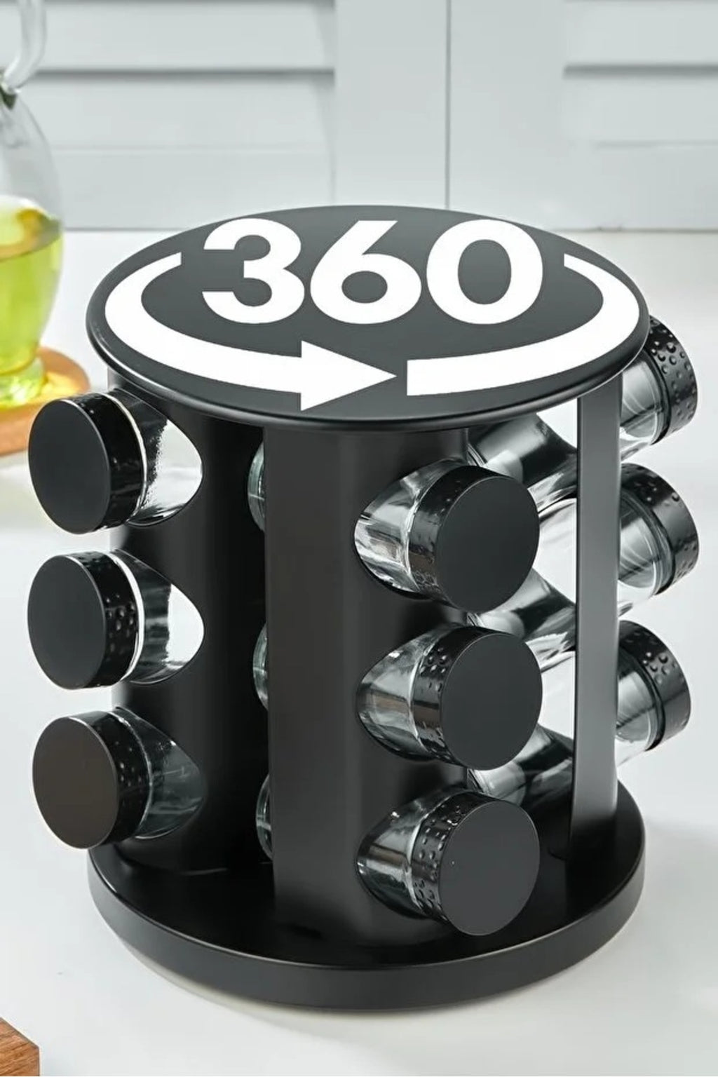 360 Dönebilen Paslanmaz Standlı Cam Baharat Seti - 12'li Yuvarlak Siyah