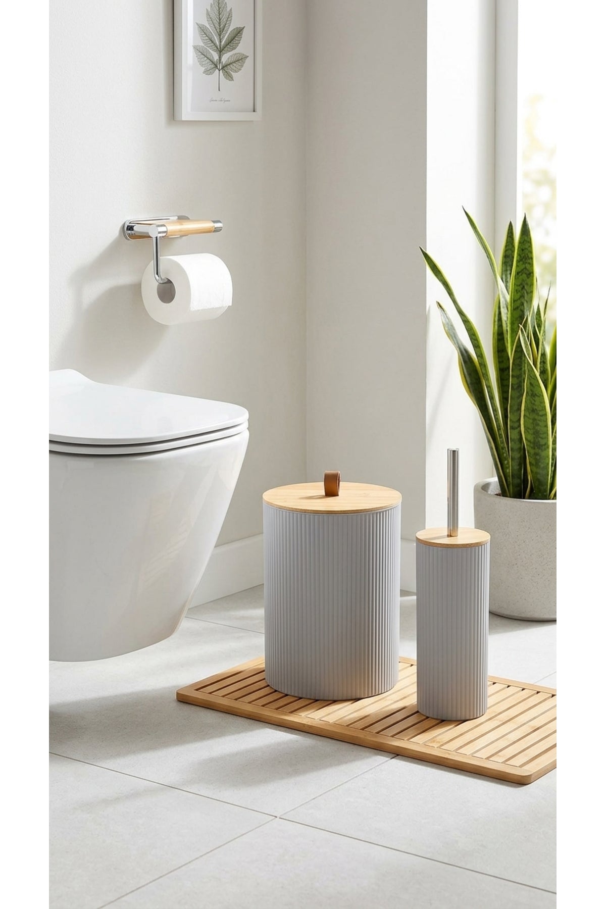 5 Parça Yuvarlak Banyo Seti, Bambu Kapaklı, Hacim: 7 litre