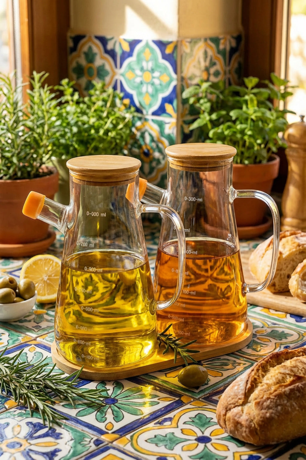 2'li 900 ml Bambu Kapaklı ve Altlıklı Borosilikat Cam Yağlık/Sirkelik/Sosluk