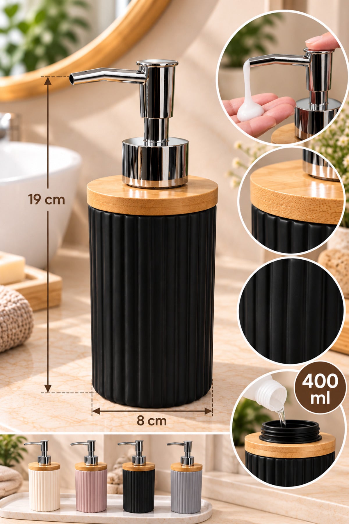 400 ml Bambu Kapaklı Sıvı Sabunluk, Desenli Seramik, Siyah Gri Pudra Pembe, 8x19 cm