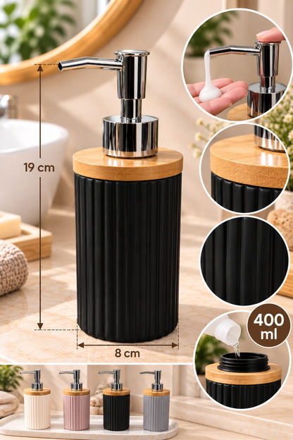 400 ml Bambu Kapaklı Sıvı Sabunluk, Desenli Seramik, Siyah Gri Pudra Pembe, 8x19 cm