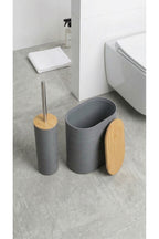 6 Parça Bambu Kapaklı Banyo Seti, Gri, Oval, Hacim: 8 litre