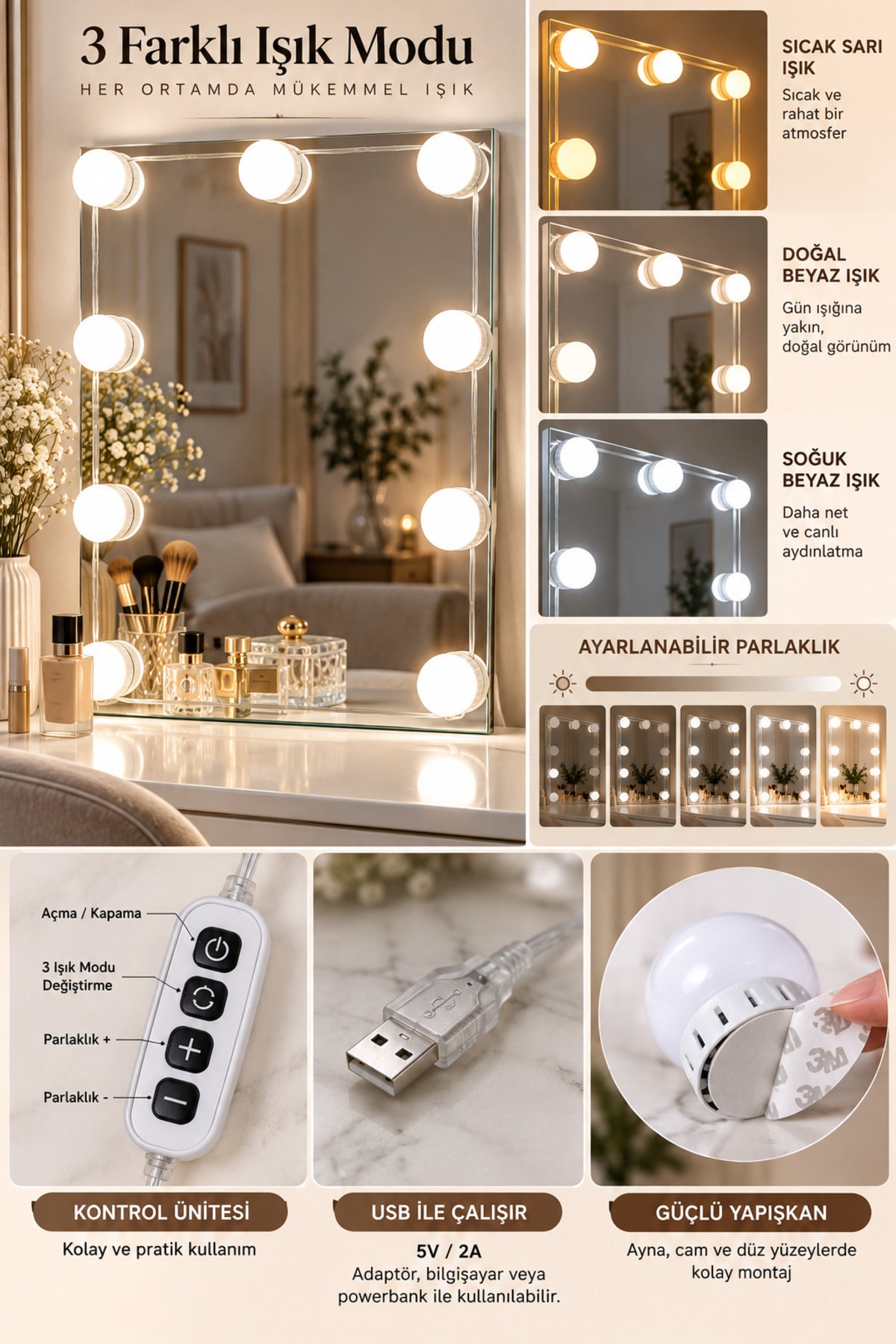 10’lu LED Makyaj Aynası Işığı, 3 Renk Modlu, USB 5V, Ayarlanabilir Parlaklık, Yapışkanlı