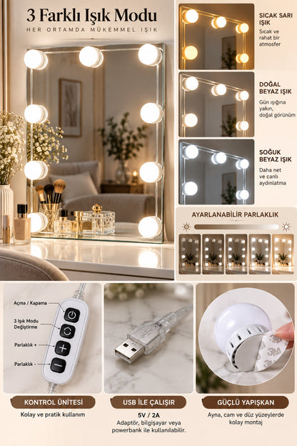 10’lu LED Makyaj Aynası Işığı, 3 Renk Modlu, USB 5V, Ayarlanabilir Parlaklık, Yapışkanlı