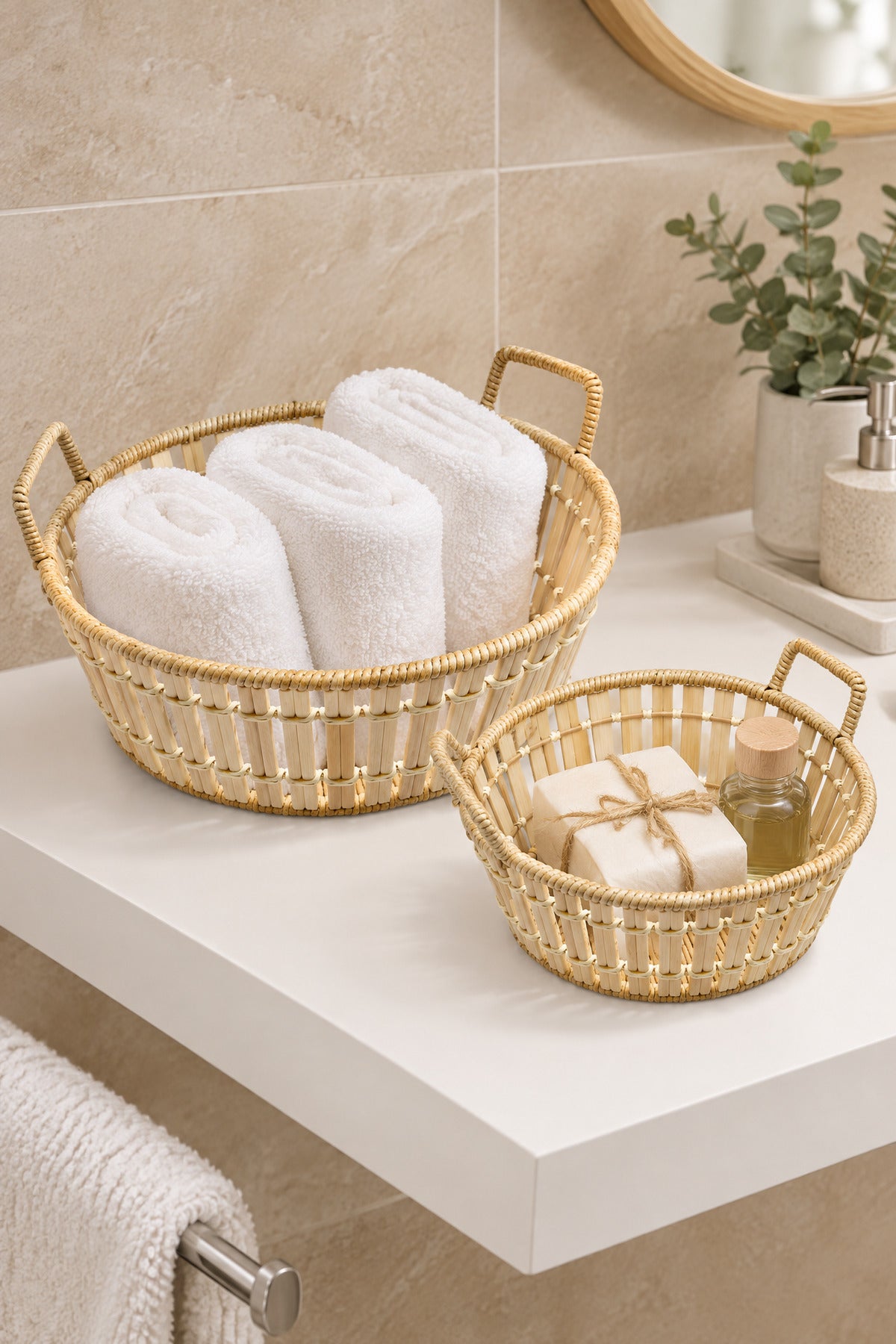 2'li Yuvarlak Bambu Hasır Kulplu Sepet Seti, Ekmek ve Meyve Sepeti, 29 cm + 25 cm