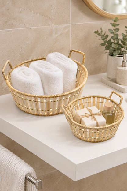 2'li Yuvarlak Bambu Hasır Kulplu Sepet Seti, Ekmek ve Meyve Sepeti, 29 cm + 25 cm