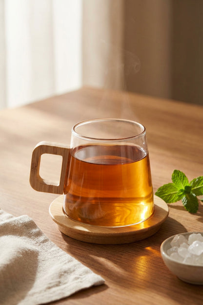 Bambu Kulplu ve Altlıklı Cam Kupa 200 ml – Borosilikat Cam – 300 ml