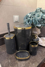 Banyo Seti 5'li,akrilik-çöpkovası,wc Fırçalık,sıvı Sabunluk,diş Fırçalık,el Sabunluk,gold Renk Detay