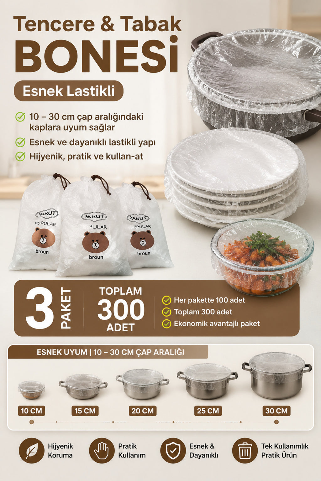 300 Adet Tencere ve Tabak Bonesi (3 Paket x 100 Adet)