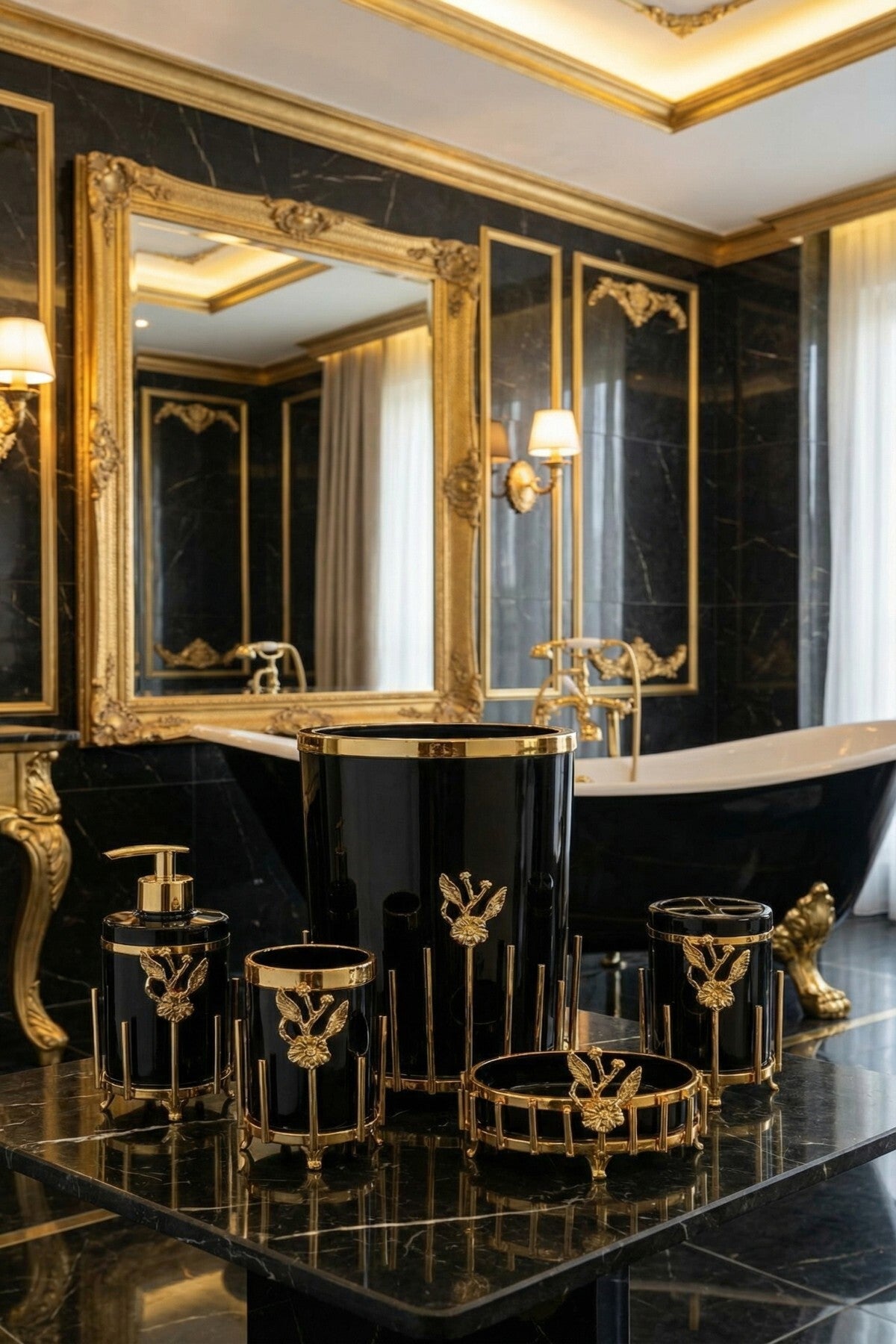 Gold Kaplama Metal Stantlı 5 Parça Mermer Desenli ve Düz Renk Seçenekli Banyo Aksesuar Takımı