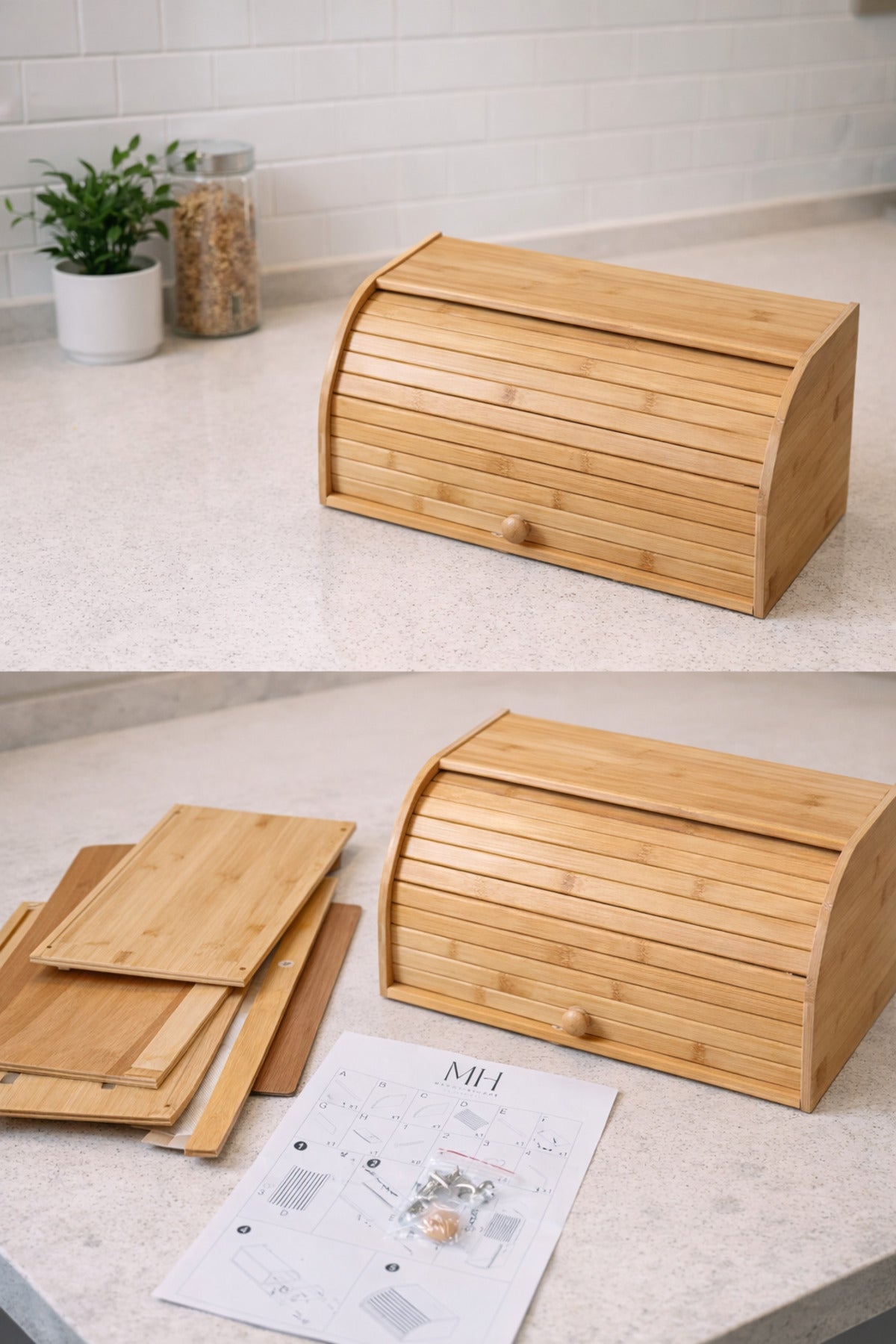 Doğal Bambu DEMONTE Ekmeklik, Ekmek Kutusu, Kayar Kapaklı, Geniş Hacimli, 38 x 23 x 19 cm