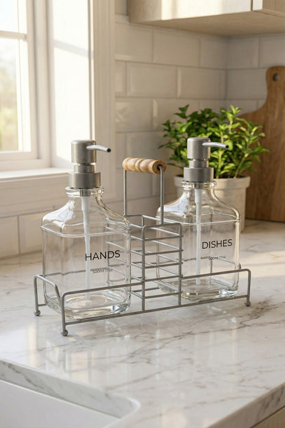 Lüks Bambu Kulplu Metal Stantlı İkili Cam Sıvı Sabunluk 500 ml, 23x9x23,5 cm