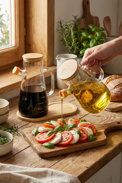 2'li 900 ml Bambu Kapaklı ve Altlıklı Borosilikat Cam Yağdanlık, Isıya Dayanıklı, Yağ/Sirke/Sosluk