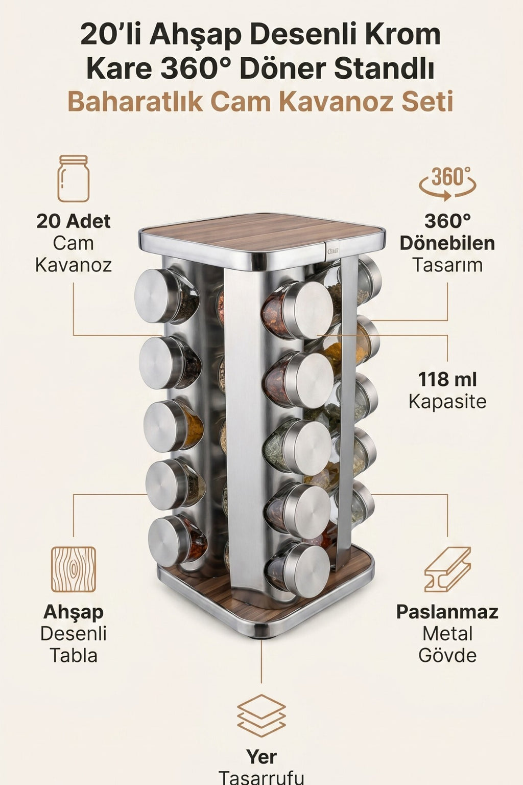 20’li Ahşap Desenli Krom Kare 360° Döner Standlı Baharatlık Cam Kavanoz Seti 118 ml - görsel 2
