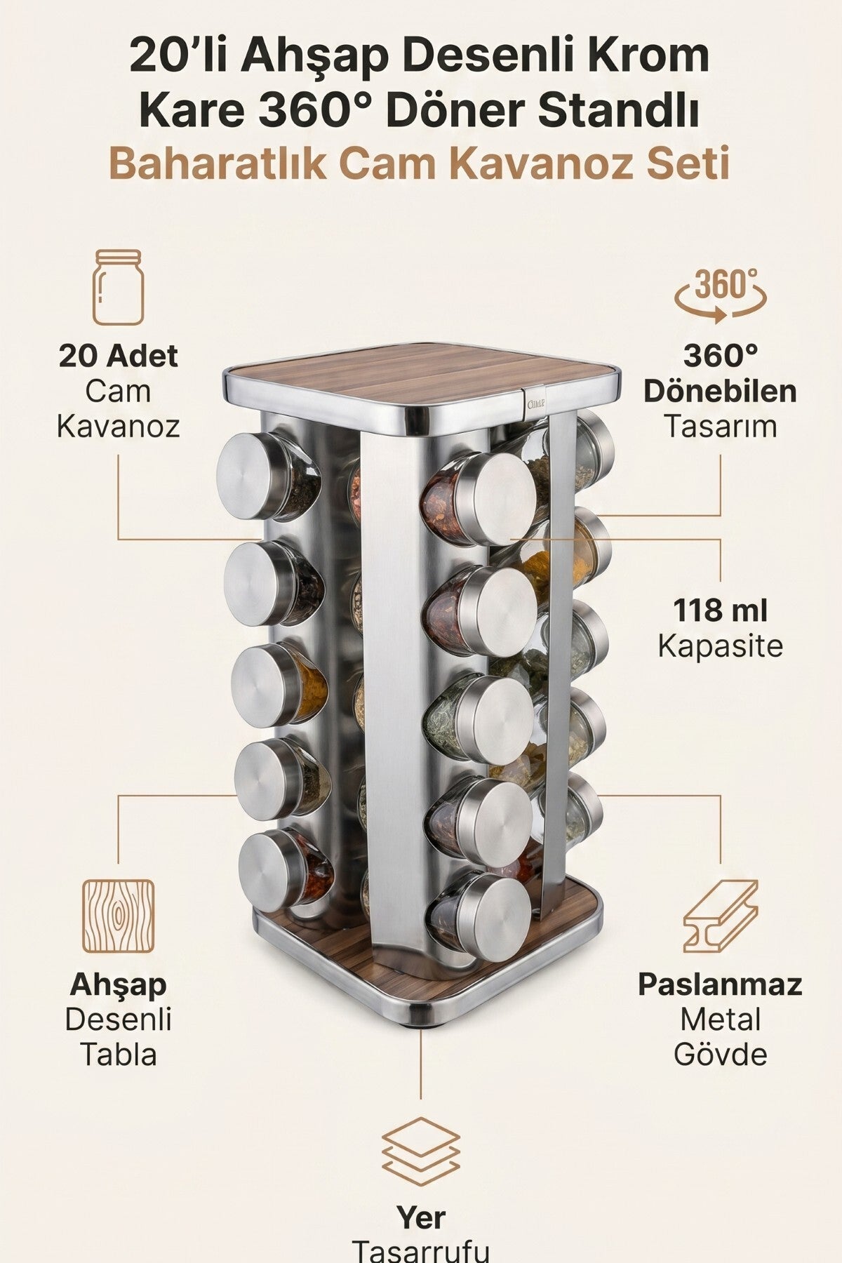 20’li Ahşap Desenli Krom Kare 360° Döner Standlı Baharatlık Cam Kavanoz Seti 118 ml - görsel 2