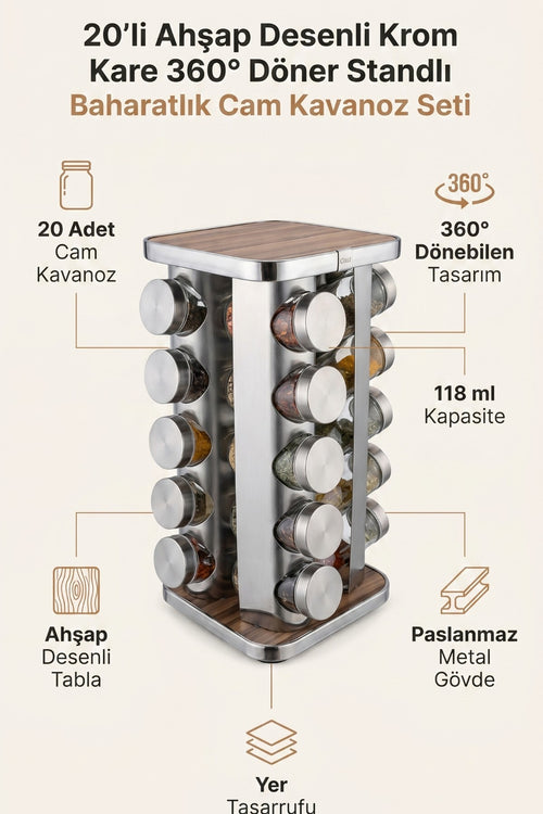 20’li Ahşap Desenli Krom Kare 360° Döner Standlı Baharatlık Cam Kavanoz Seti 118 ml - görsel 2