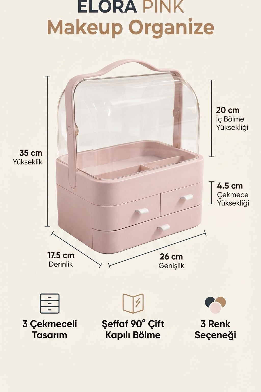 Pembe Makyaj Organizeri, 35x26x17,5 cm, 3 Çekmeceli, Şeffaf 90° İki Kapaklı - görsel 2