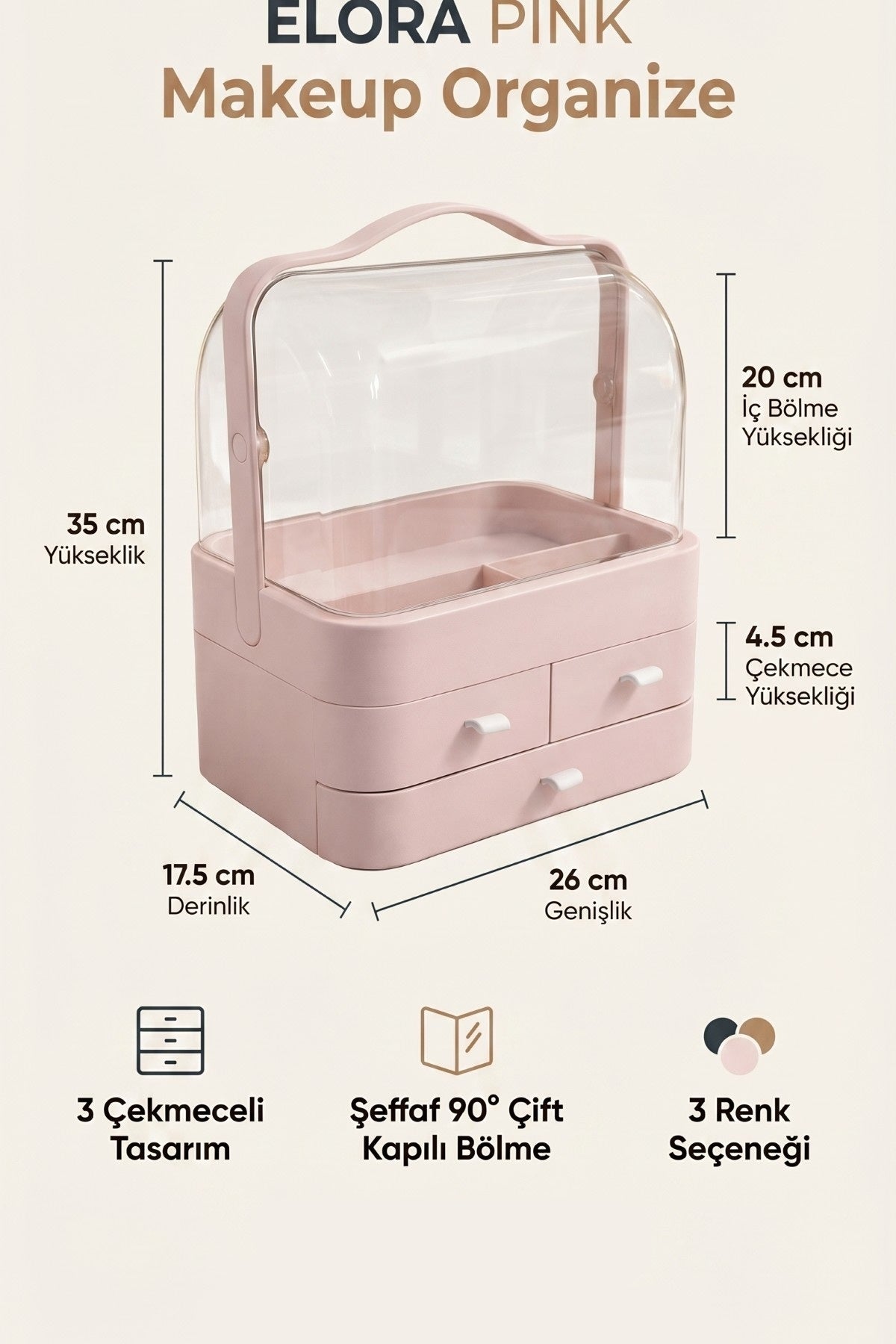 Pembe Makyaj Organizeri, 35x26x17,5 cm, 3 Çekmeceli, Şeffaf 90° İki Kapaklı - görsel 2