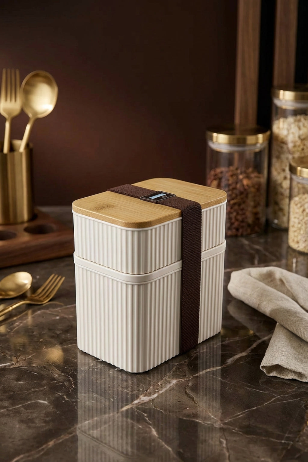 2 Parça Bambu Kapaklı Saklama Kabı Seti - 1L + 0,5L | Üst Üste Koyulabilir