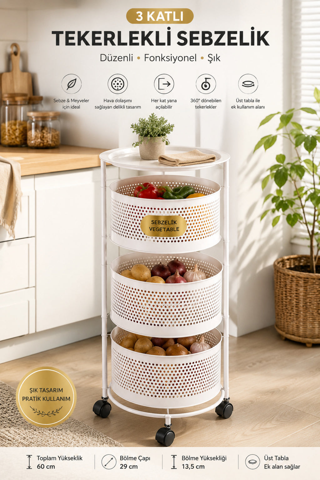 3 Katlı Tekerlekli Metal Sebzelik, Beyaz, Yana Açılır Sepetli, Üst Tablalı, 60 cm