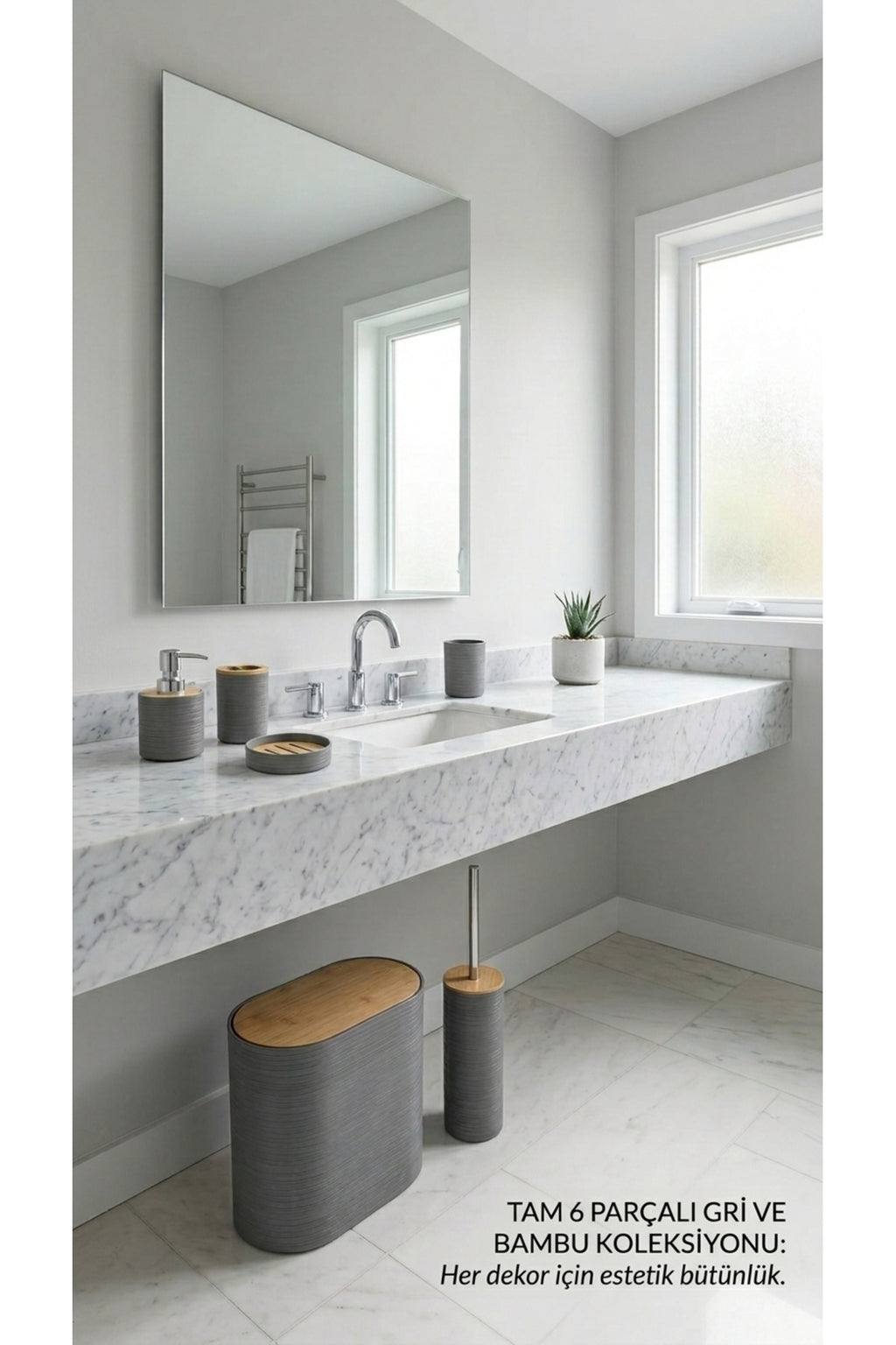 6 Parça Bambu Kapaklı Banyo Seti, Gri, Oval, Hacim: 8 litre
