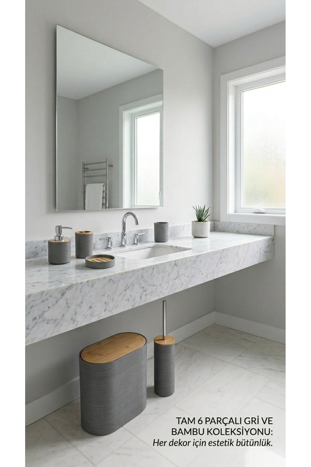 6 Parça Bambu Kapaklı Banyo Seti, Gri, Oval, Hacim: 8 litre