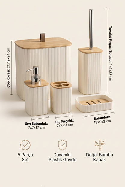 Bambu Kapaklı Çizgili Dikdörtgen 5 Parça Banyo Seti, 21 x 19 x 24 cm.