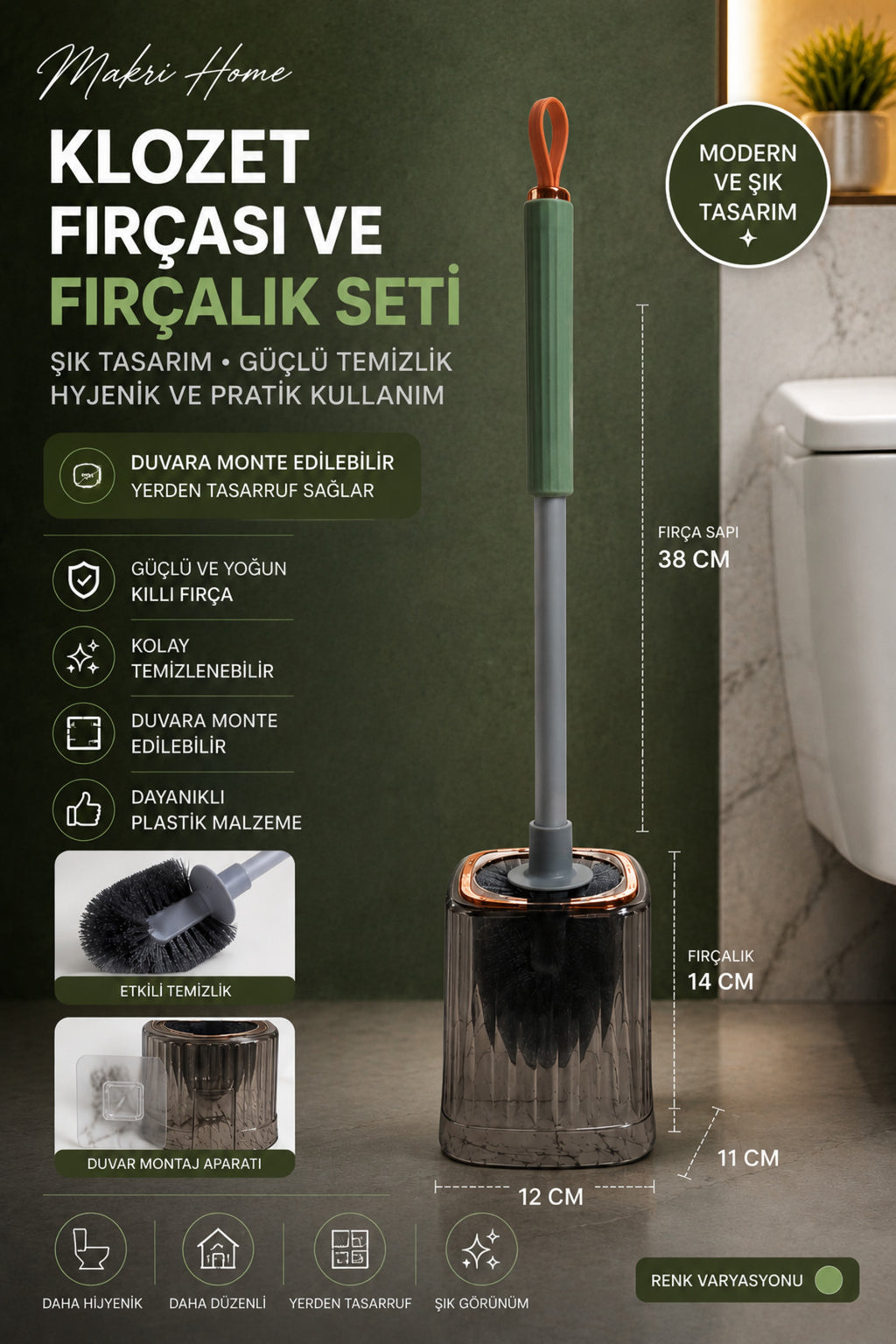 Duvara Monte Edilebilir Klozet Fırçası ve Fırçalık Seti, Yeşil Sap, 51 cm - görsel 2