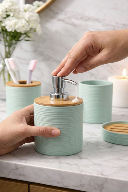 6 Parça Banyo Seti, Bambu Detaylı, 8L Çöp Kovası 24x26x16 cm
