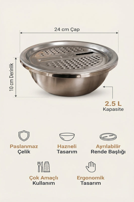 Çelik Hazneli Rende Seti, 24 cm Çap, 2.5 L Kapasiteli, 10 cm Derinlik