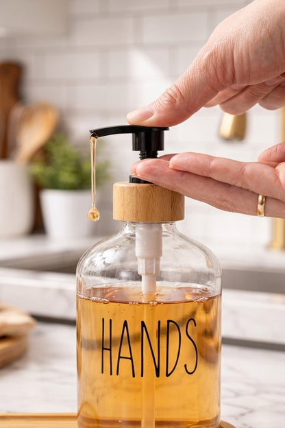 Bambu Altlıklı Bambu Kapaklı İkili Cam Sıvı Sabunluk & Deterjanlık Seti – 2×500 ML- 16,5 x 9 x 21 cm