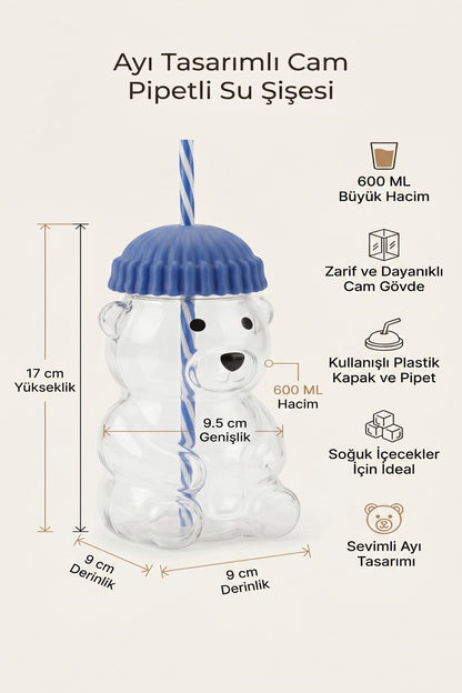 Ayıcıklı Tasarım Cam Matara Pipetli Koruyucu Başlıklı Bardak 600 ml (Yeşil, Sarı, Mavi, Siyah, Kırmızı Renk Seçenekleri)