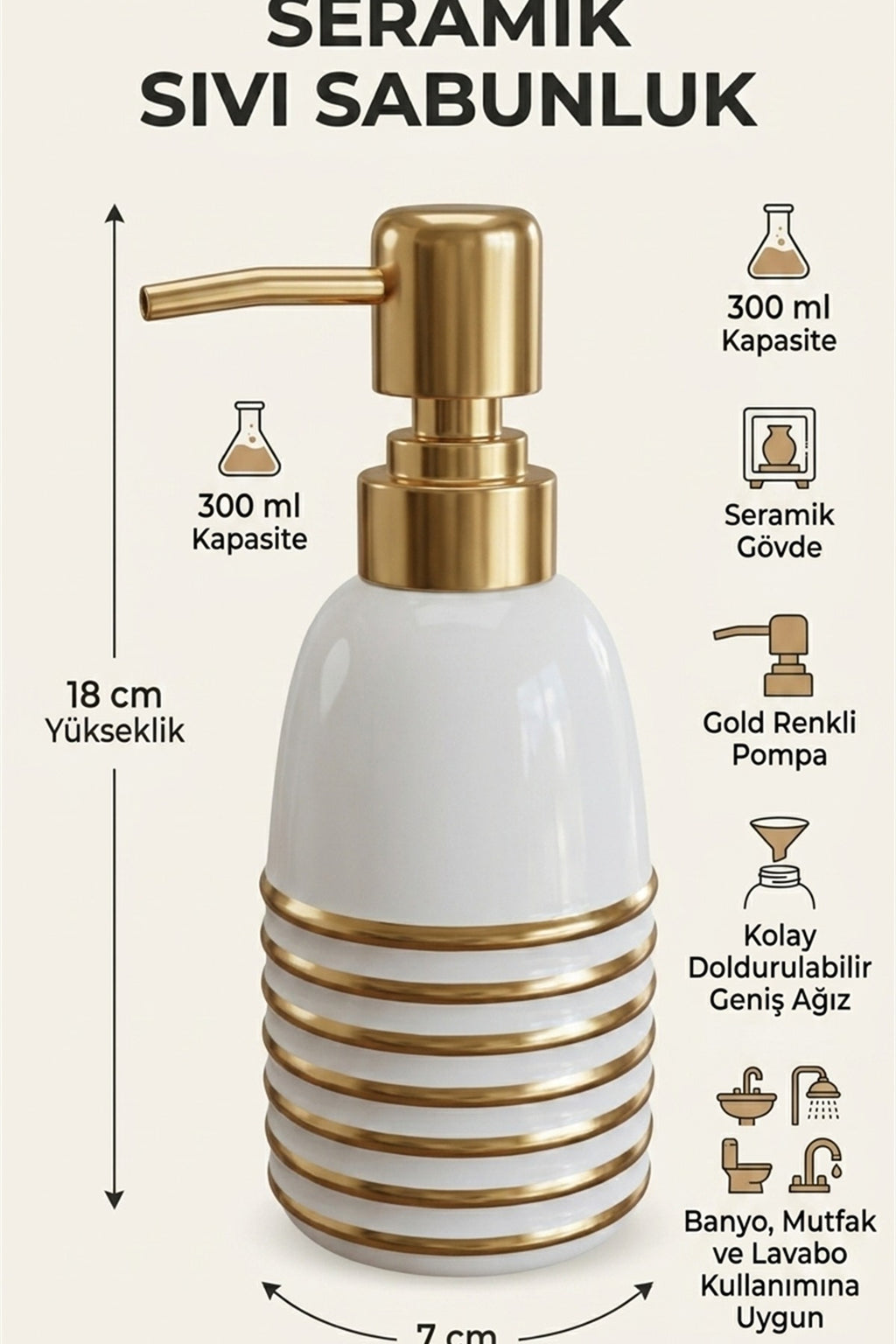 Seramik Sıvı Sabunluk, 300 ml, 7x18 cm - görsel 2