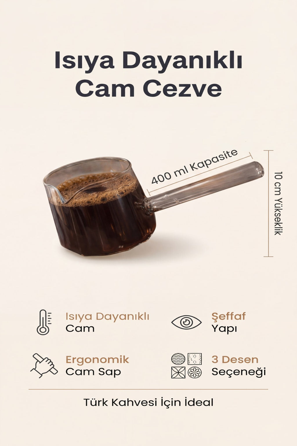 Isıya Dayanıklı Cam Cezve 400 ml, 10 cm Yükseklik, Cam Türk Kahvesi Cezvesi