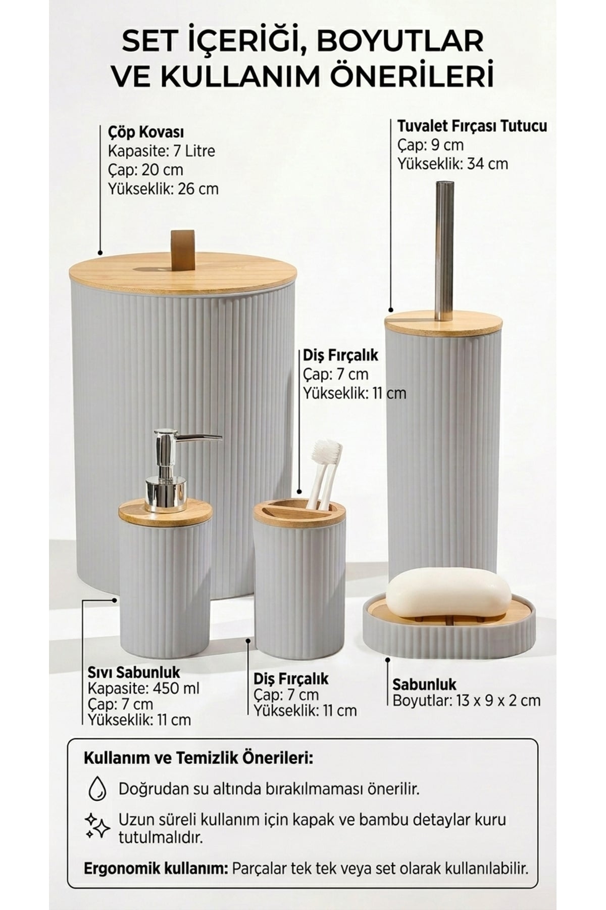 5 Parça Yuvarlak Banyo Seti, Bambu Kapaklı, Hacim: 7 litre