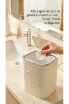 7 Parça Desenli Kare Click Kapaklı Beyaz Silver Banyo Seti, Hacim: 8 litre