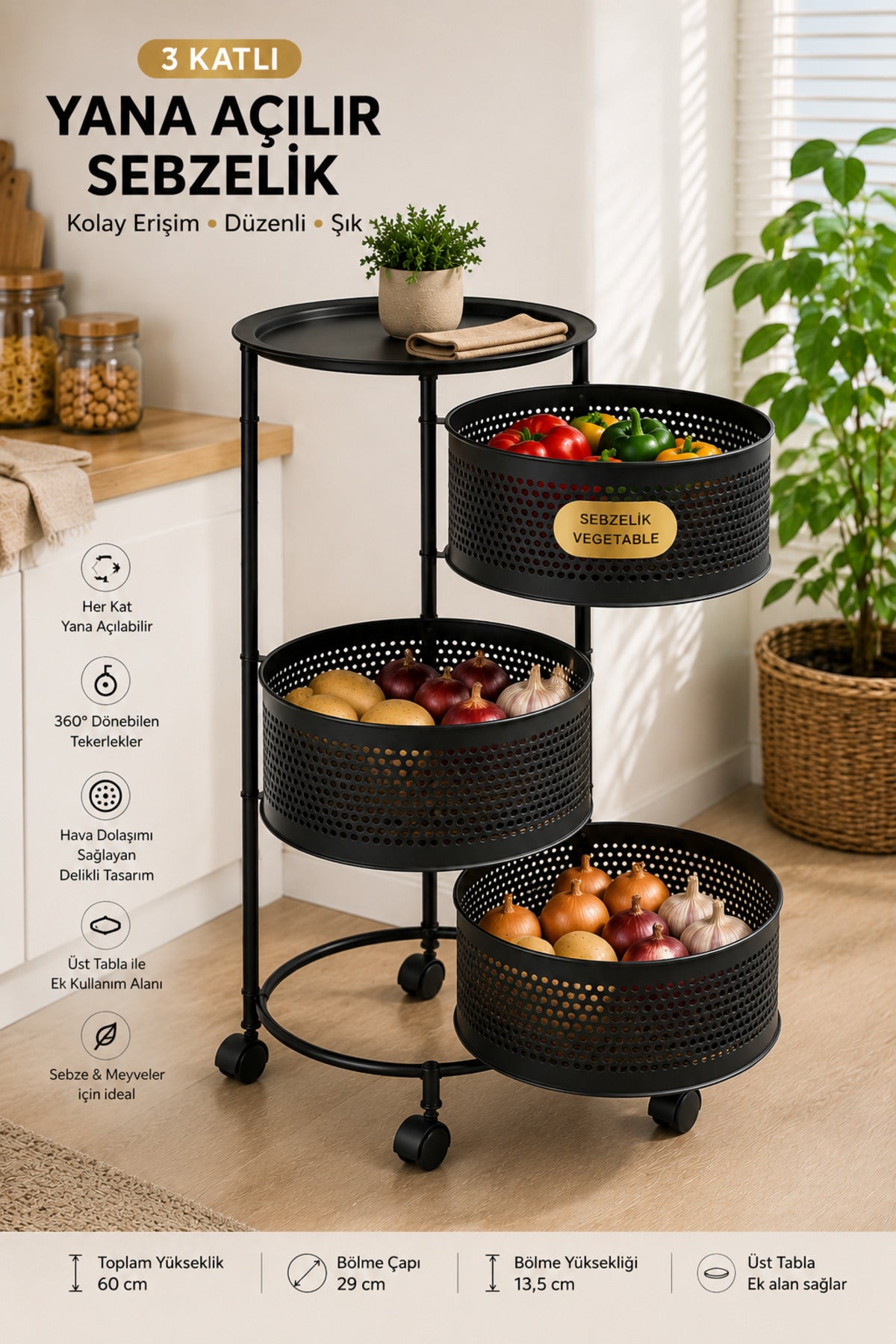 3 Katlı Tekerlekli Metal Sebzelik, Siyah, Yana Açılır Sepetli, Üst Tablalı, 60 cm
